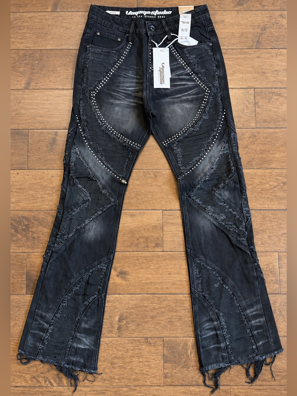 Voyage Studio Black Studded Patchwork Stacked Jeans Y2K Streetwear